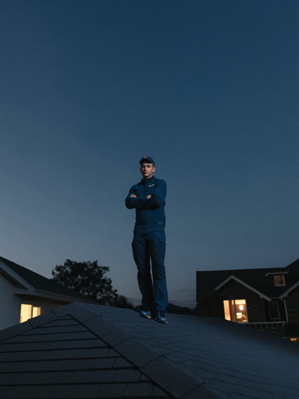 Roofing contractor standing on a residential rooftop at blue hour